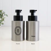 Front and back view of a 250ml brushed 304 stainless steel hand soap dispenser with black oval label, satin black liquid pump and Loopa branding, showing the modern refillable bottle design for bathroom, ensuite or kitchen sinks.
