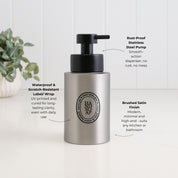 250ml brushed 304 stainless steel hand soap dispenser with black oval label and satin black liquid pump, showing its waterproof scratch-resistant label, rust-resistant pump and brushed satin finish for bathroom or kitchen use.