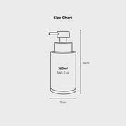 250ml soap dispenser size chart showing 16cm height and 7cm diameter, compact bathroom bottle dimensions with 8.45 fluid ounce capacity, refillable pump container measurement guide for countertop spacing and wall mount compatibility, clear product sizing diagram for modern bathroom accessories