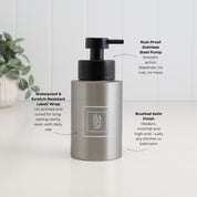 250ml brushed 304 stainless steel hand soap dispenser highlighting the white waterproof scratch-resistant label, brushed satin finish and satin black stainless steel liquid pump.