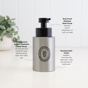 250ml brushed 304 stainless steel hand soap dispenser with black oval label and satin black liquid pump, highlighting the waterproof scratch-resistant label, rust-resistant pump and premium brushed finish for bathroom and kitchen use.