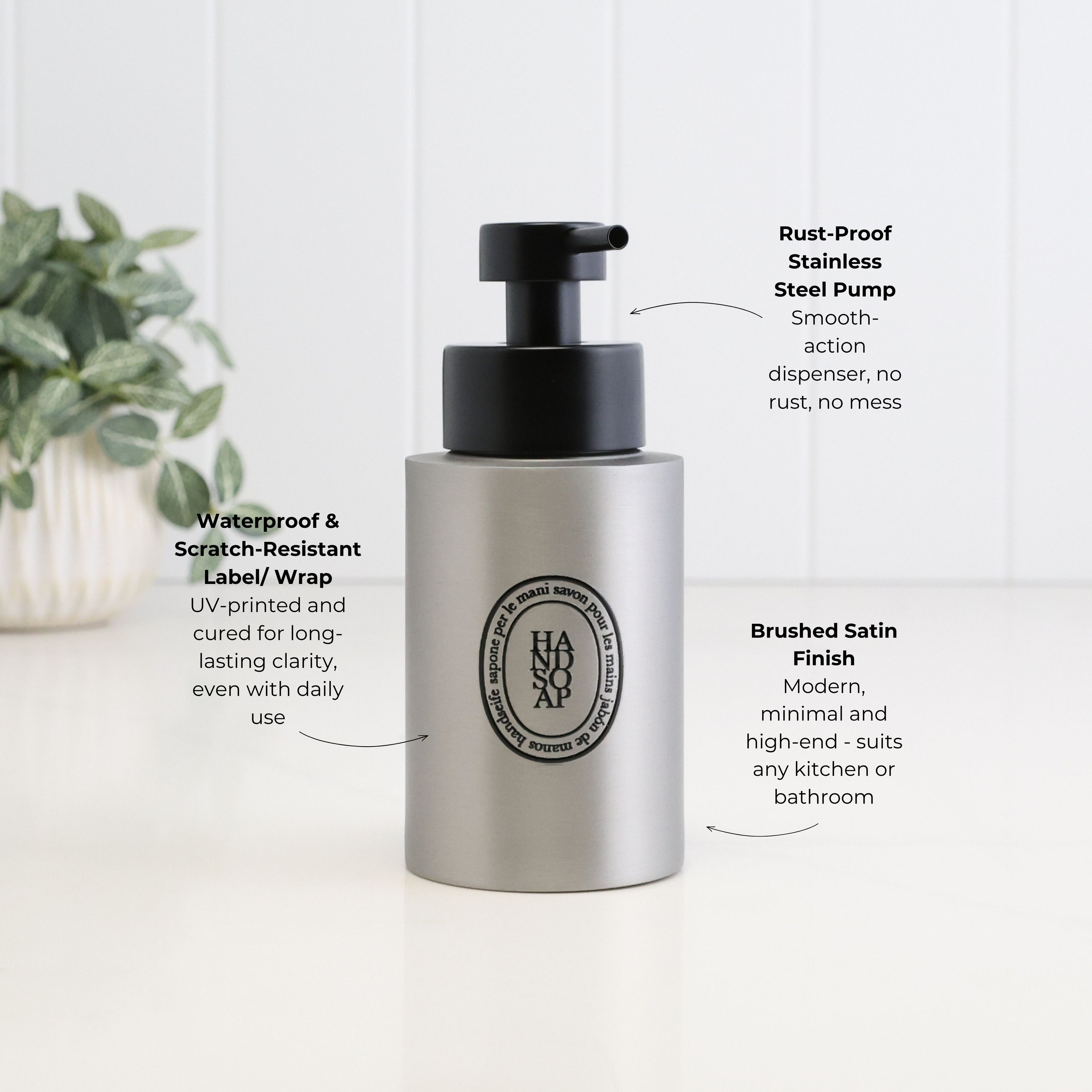 250ml brushed 304 stainless steel hand soap dispenser with black oval label and satin black liquid pump, highlighting the waterproof scratch-resistant label, rust-resistant pump and premium brushed finish for bathroom and kitchen use.