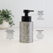 250ml brushed 304 stainless steel soap dispenser with white abstract line art and satin black pump, highlighting the waterproof scratch-resistant wrap, rust-resistant stainless steel pump and brushed satin finish.