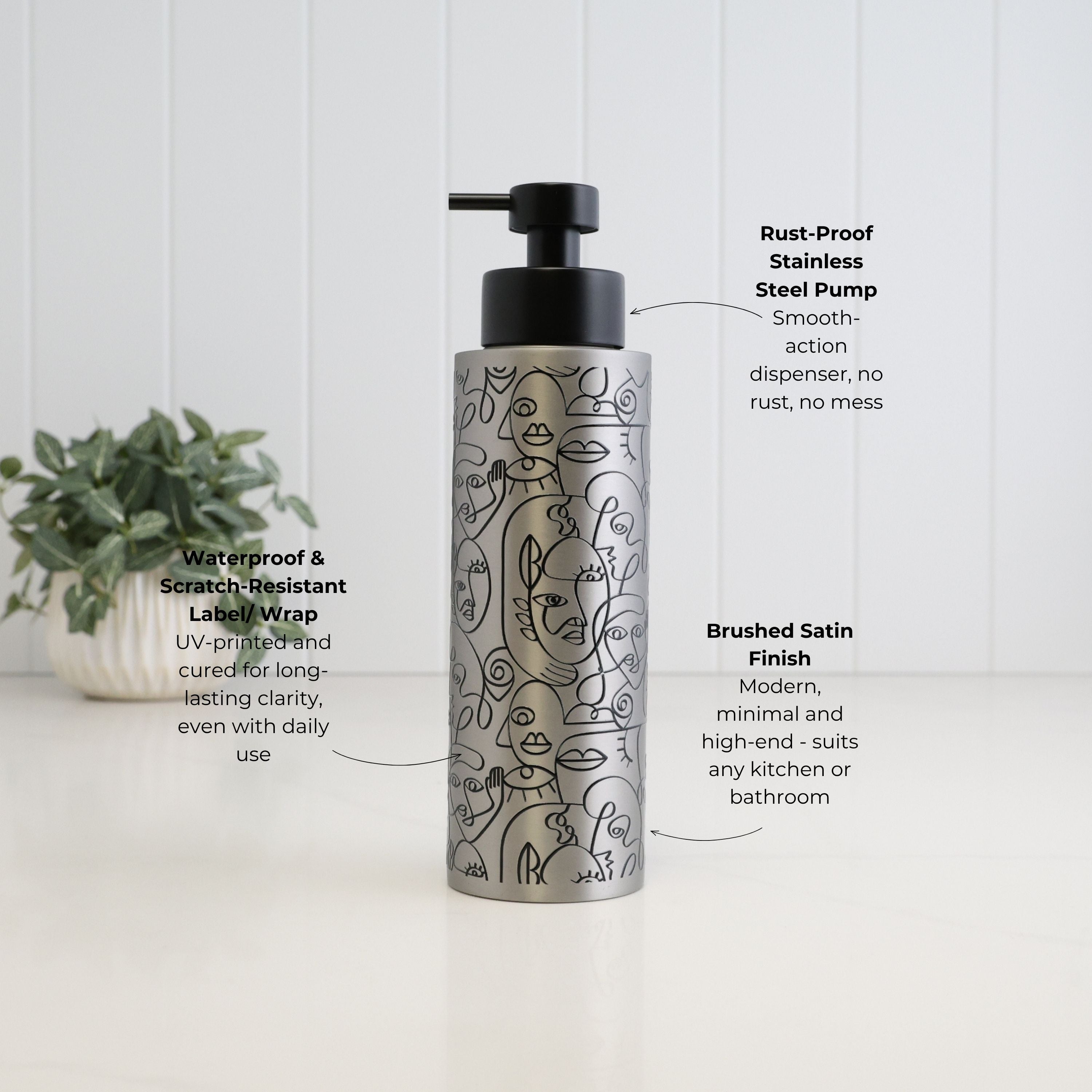 Brushed Steel Dispenser Bottle, 500ml, Abstract Art Black