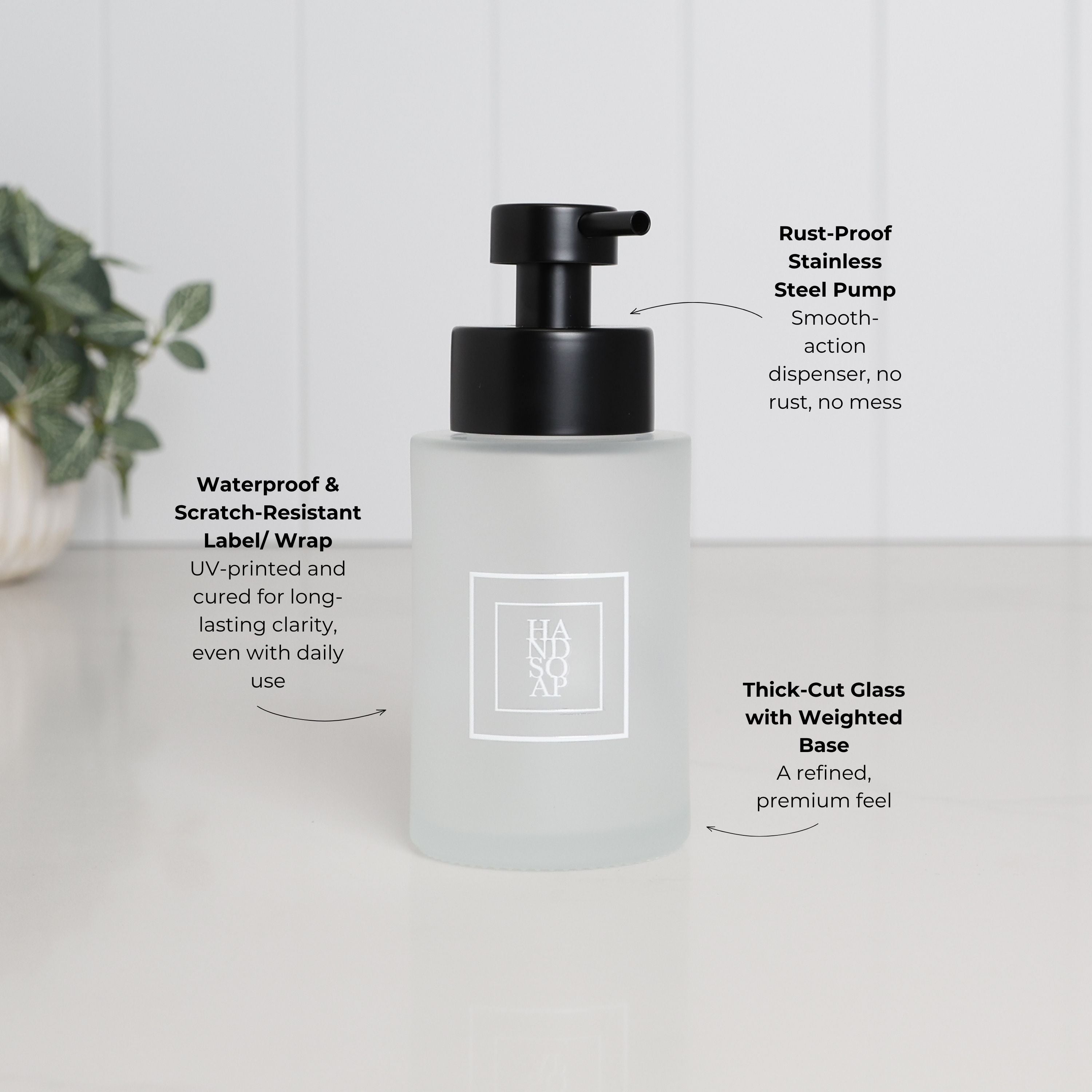Frosted Glass Dispenser Bottle Set, Hand Soap & Hand Lotion, 250ml, Square White Label