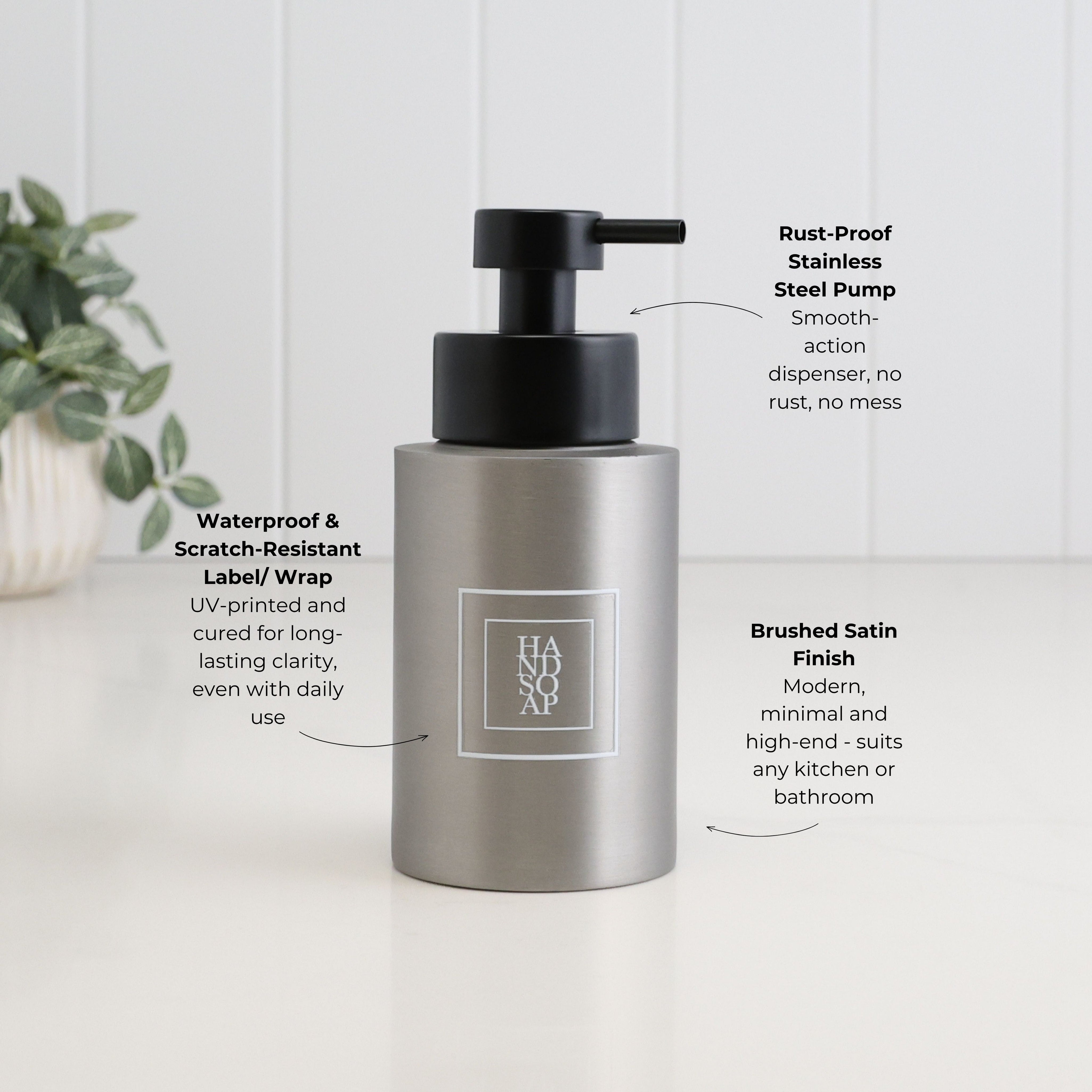 Brushed Steel Dispenser Bottle, 250ml, Square White Label