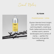 Elysian diffuser refill bottle in yellow label shown with tied black reeds and descriptive scent notes. Highlights a bright lime and rich frankincense blend suited for calming home aromatherapy and uplifting fragrance rituals.