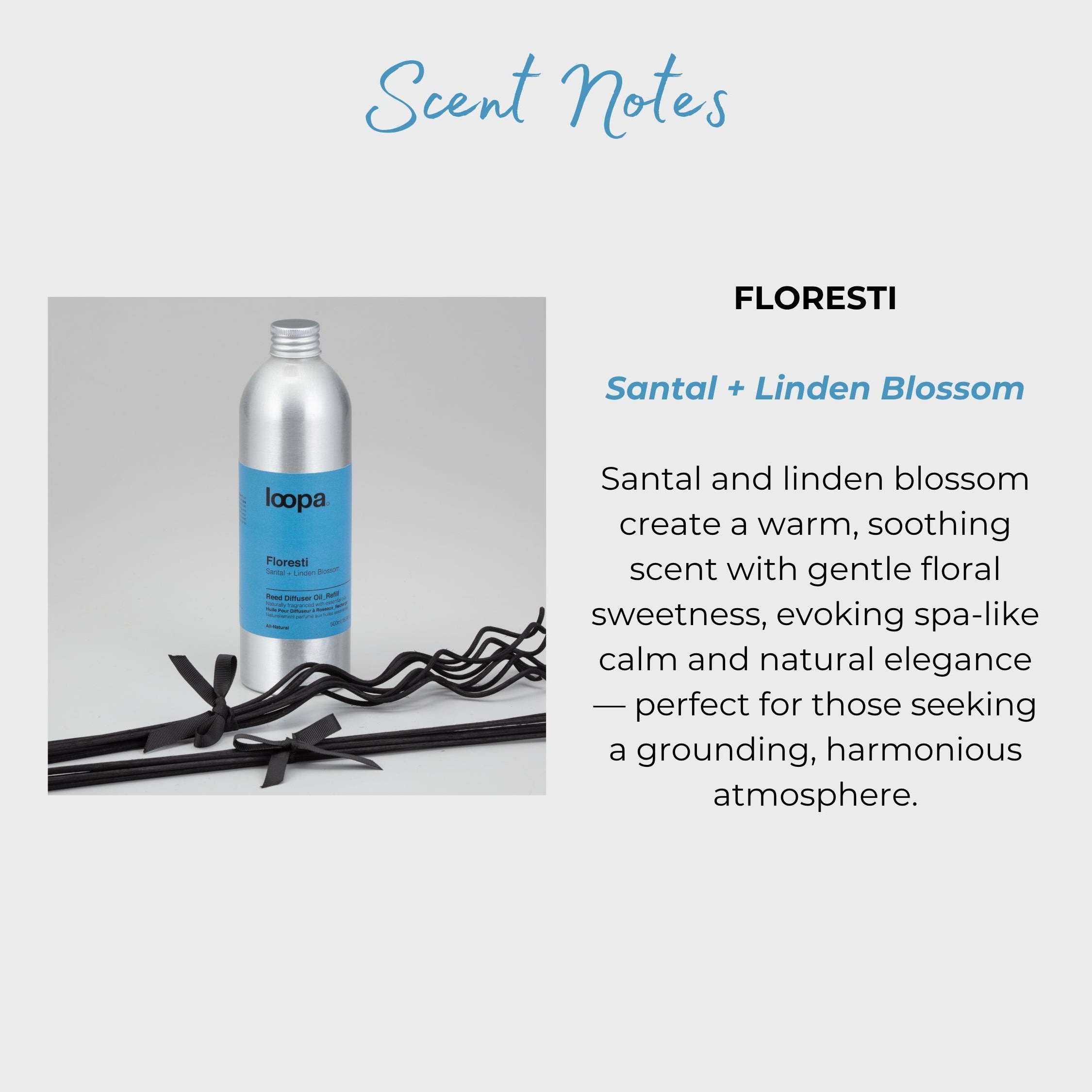 Floresti diffuser oil refill bottle with blue label and ribbon-tied diffuser reeds placed beside floral scent-notes copy. Promotes a warm sandalwood and linden blossom blend for spa-like, elegant home fragrance.