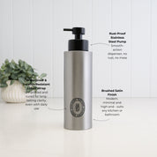 500ml brushed 304 stainless steel shampoo dispenser with black oval label and satin black liquid pump, highlighting its waterproof scratch-resistant UV-DTF label, rust-resistant pump and brushed satin finish.