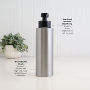 500ml brushed 304 stainless steel refillable soap dispenser with satin black liquid pump, shown with callouts highlighting the rust-resistant pump and modern brushed satin finish for bathroom or kitchen use.
