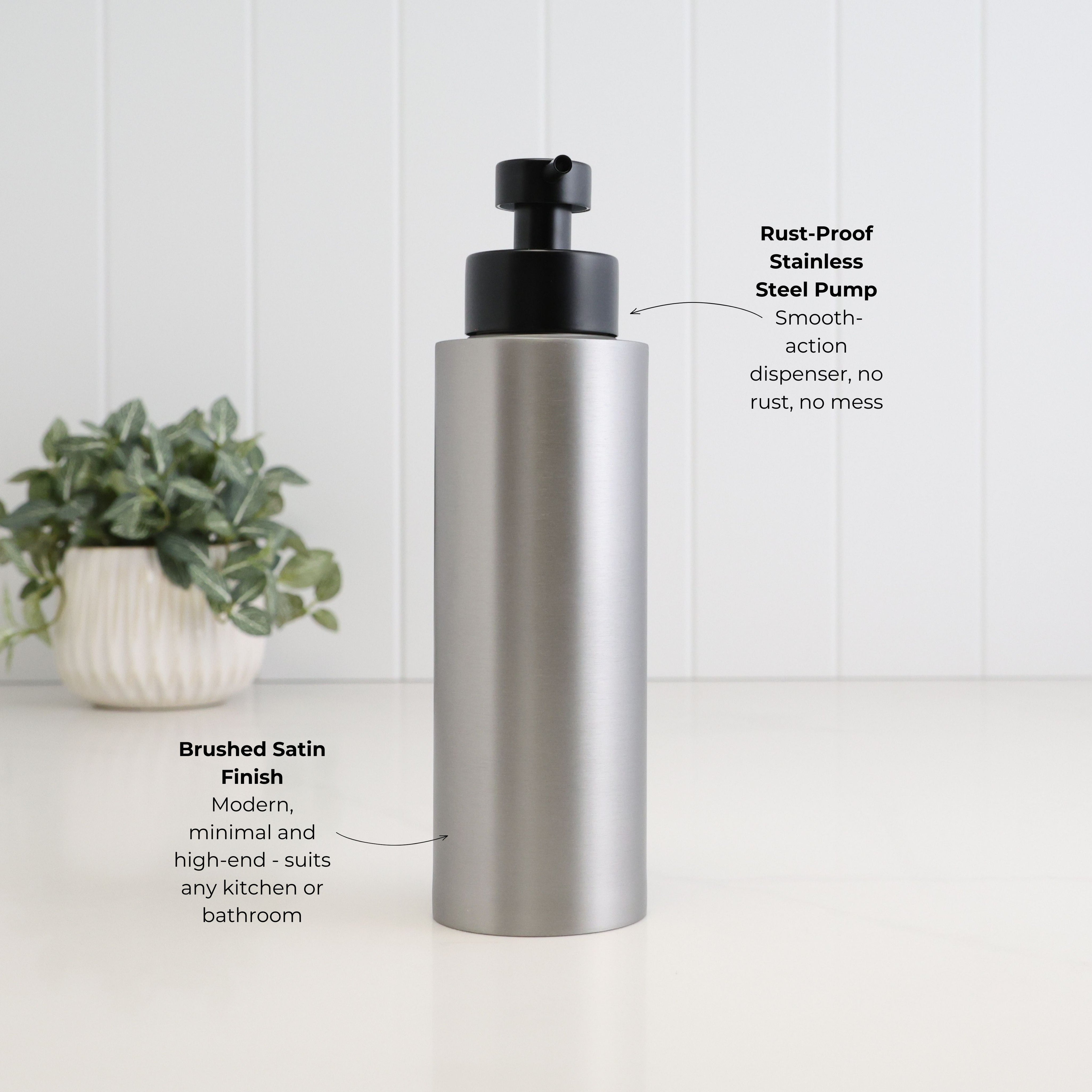 500ml brushed 304 stainless steel refillable soap dispenser with satin black liquid pump, shown with callouts highlighting the rust-resistant pump and modern brushed satin finish for bathroom or kitchen use.