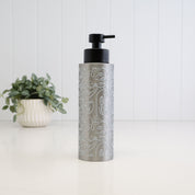 Tall 500ml brushed 304 stainless steel soap dispenser with white abstract line art wrap and satin black pump, designed as a refillable bottle for hand soap, dish soap, shampoo, conditioner or body wash.