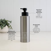 500ml brushed 304 stainless steel soap dispenser with white square Dish Soap label and satin black pump, highlighting the waterproof scratch-resistant wrap, brushed finish and rust-resistant stainless steel pump.