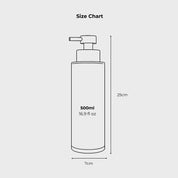 500ml refillable glass soap dispenser size chart showing tall cylindrical bottle with pump, 25cm height and 7cm width, 16.9 fluid ounce capacity, ideal for shampoo conditioner body wash or lotion, minimalist bathroom accessory dimensions guide for countertop or wall mounted use
