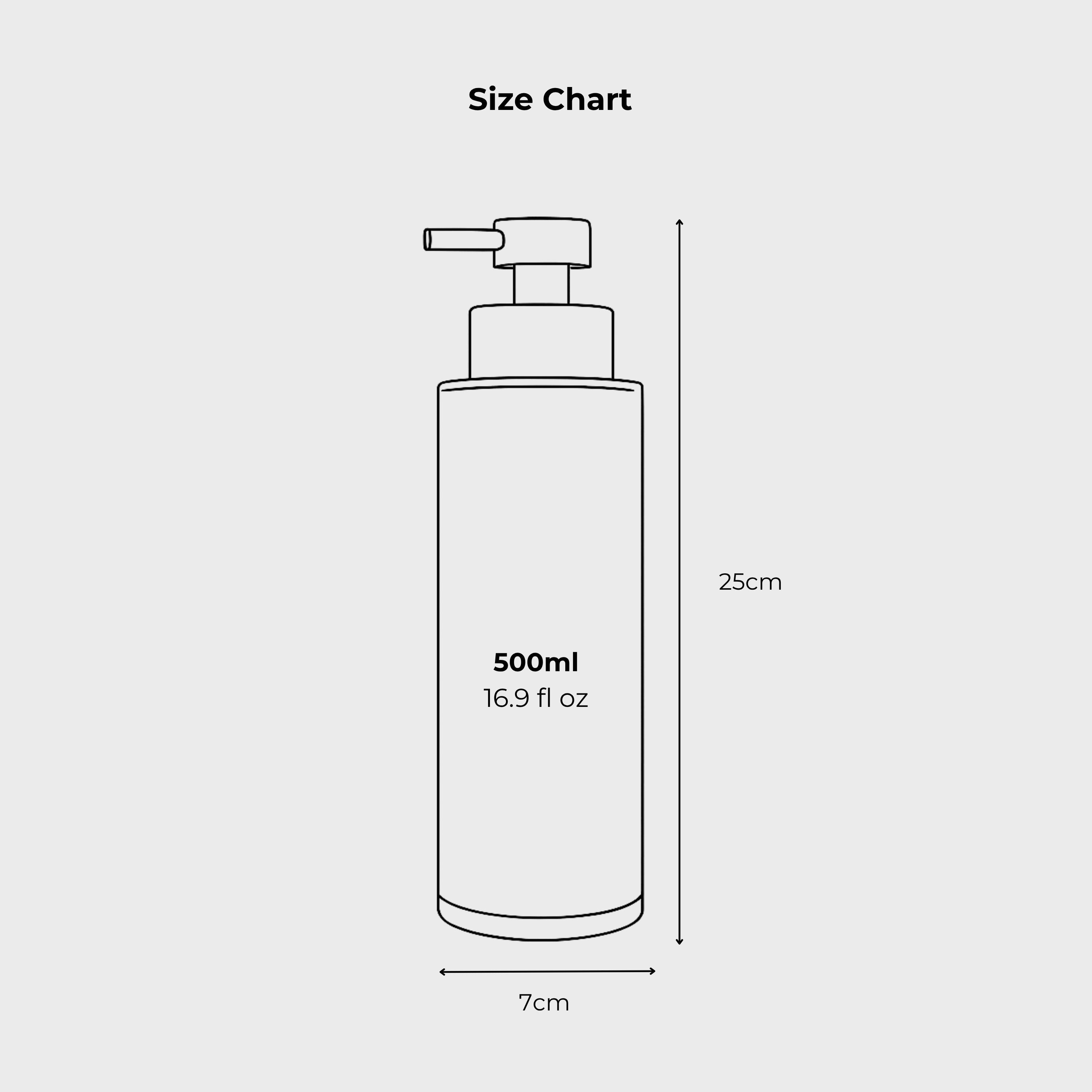500ml refillable glass soap dispenser size chart showing tall cylindrical bottle with pump, 25cm height and 7cm width, 16.9 fluid ounce capacity, ideal for shampoo conditioner body wash or lotion, minimalist bathroom accessory dimensions guide for countertop or wall mounted use