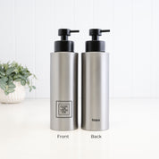 Front and back view of a 500ml brushed 304 stainless steel conditioner dispenser with black square label, Loopa branding and satin black liquid pump for bathroom or shower use.