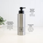 500ml brushed 304 stainless steel conditioner dispenser with black square label and satin black pump, highlighting the waterproof scratch-resistant UV-printed label, stainless steel pump and brushed satin finish.