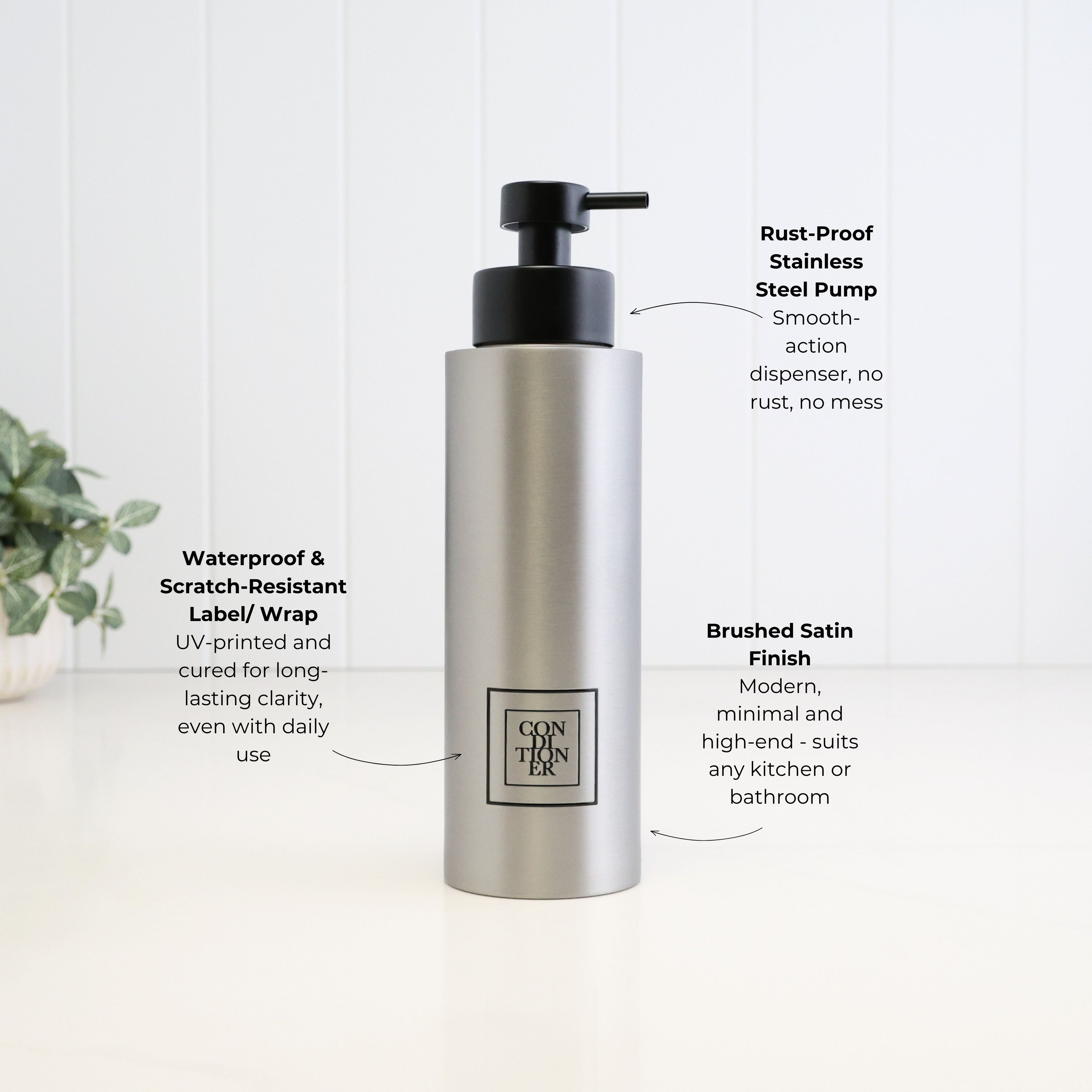 500ml brushed 304 stainless steel conditioner dispenser with black square label and satin black pump, highlighting the waterproof scratch-resistant UV-printed label, stainless steel pump and brushed satin finish.