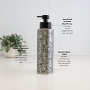500ml brushed 304 stainless steel soap dispenser with black abstract line art and satin black liquid pump, highlighting the waterproof scratch-resistant wrap, rust-resistant pump and premium brushed satin finish.