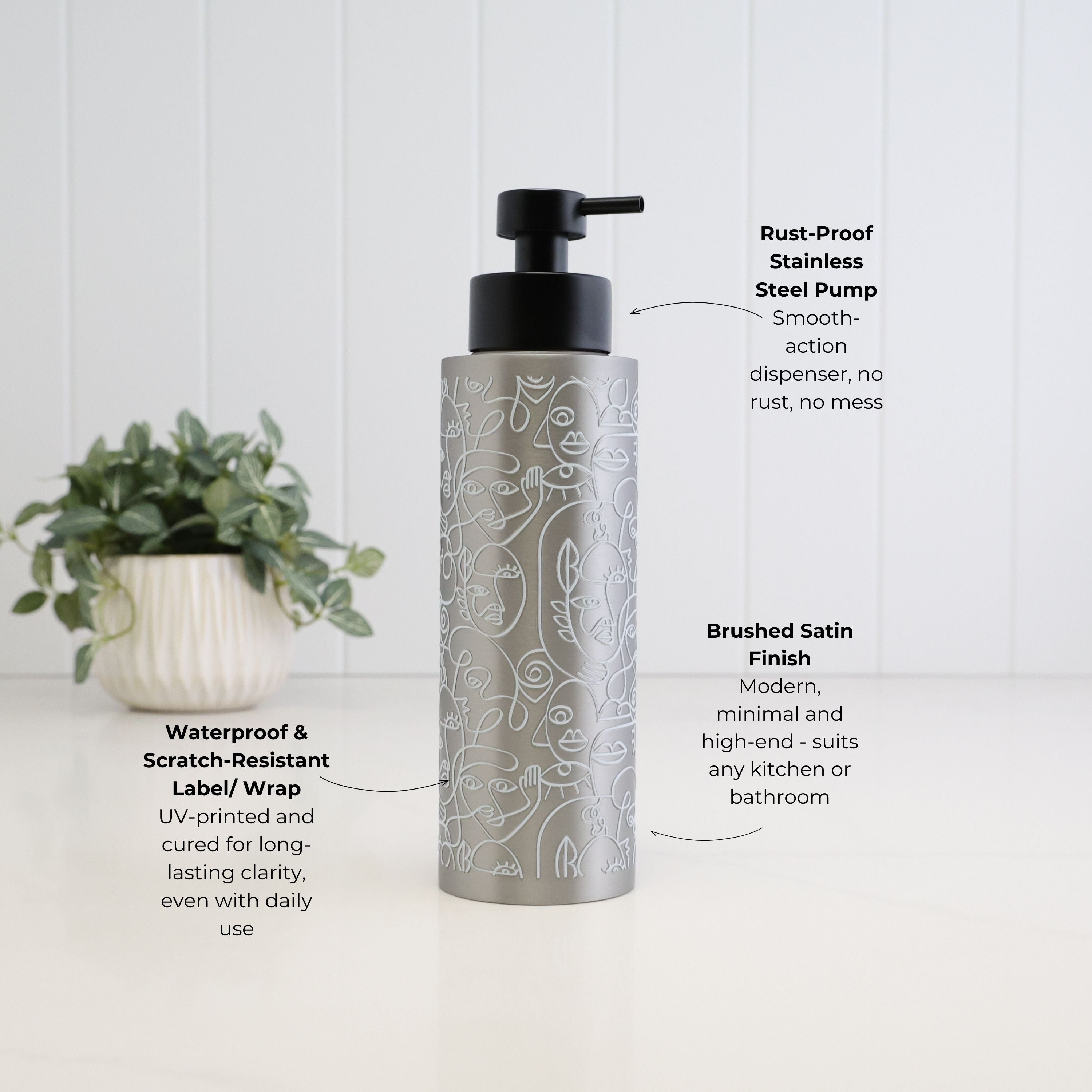 500ml brushed 304 stainless steel soap dispenser with white abstract line art wrap and satin black pump, highlighting the waterproof scratch-resistant finish, rust-resistant pump and modern brushed satin design.