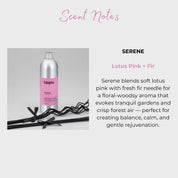 Serene diffuser refill bottle with soft pink label and decorative black reeds positioned beside fragrance description. Features a floral lotus and fir needle blend for tranquil, soothing home aromatherapy.