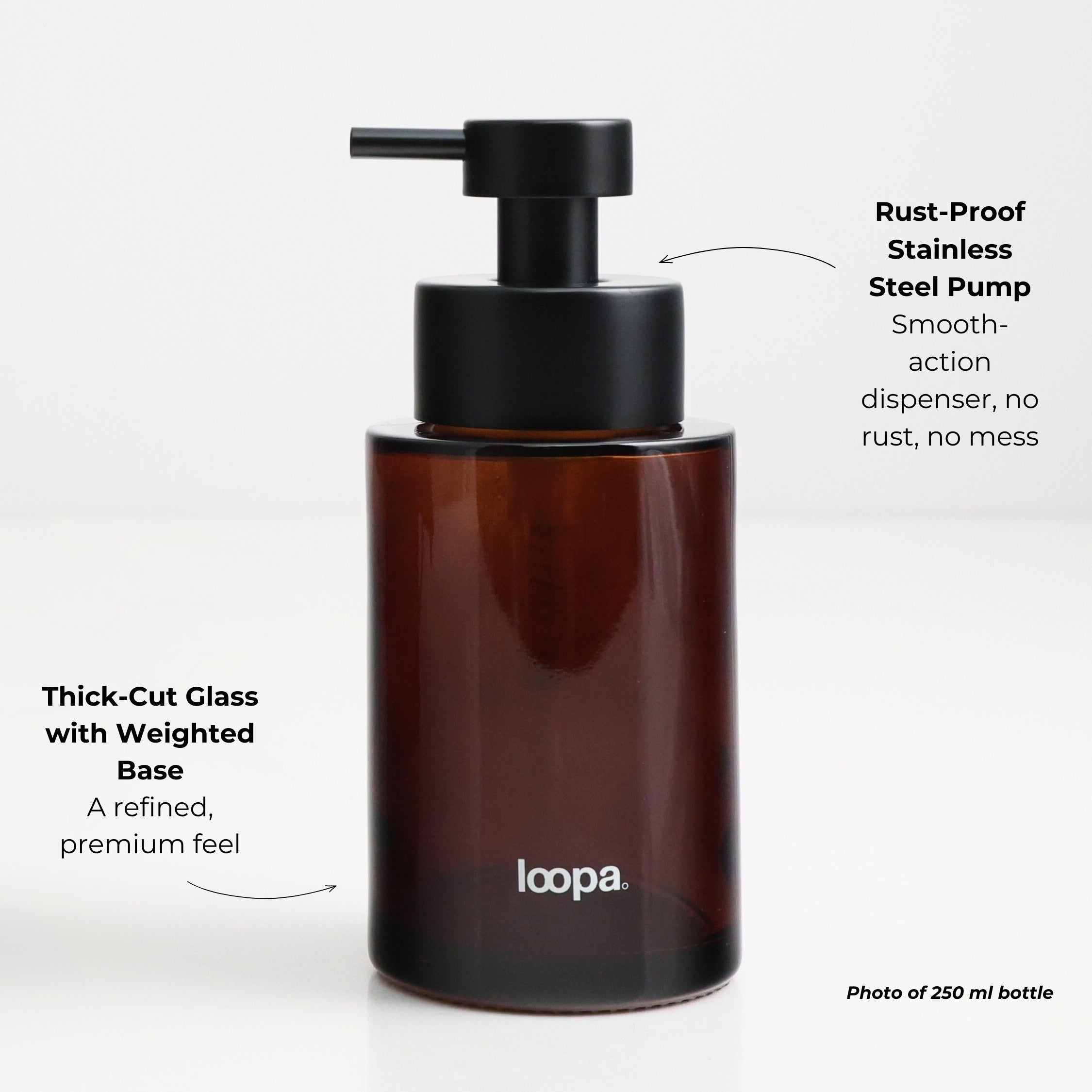 Brown dispenser bottle with black pump labeled 'loopa' on a white background