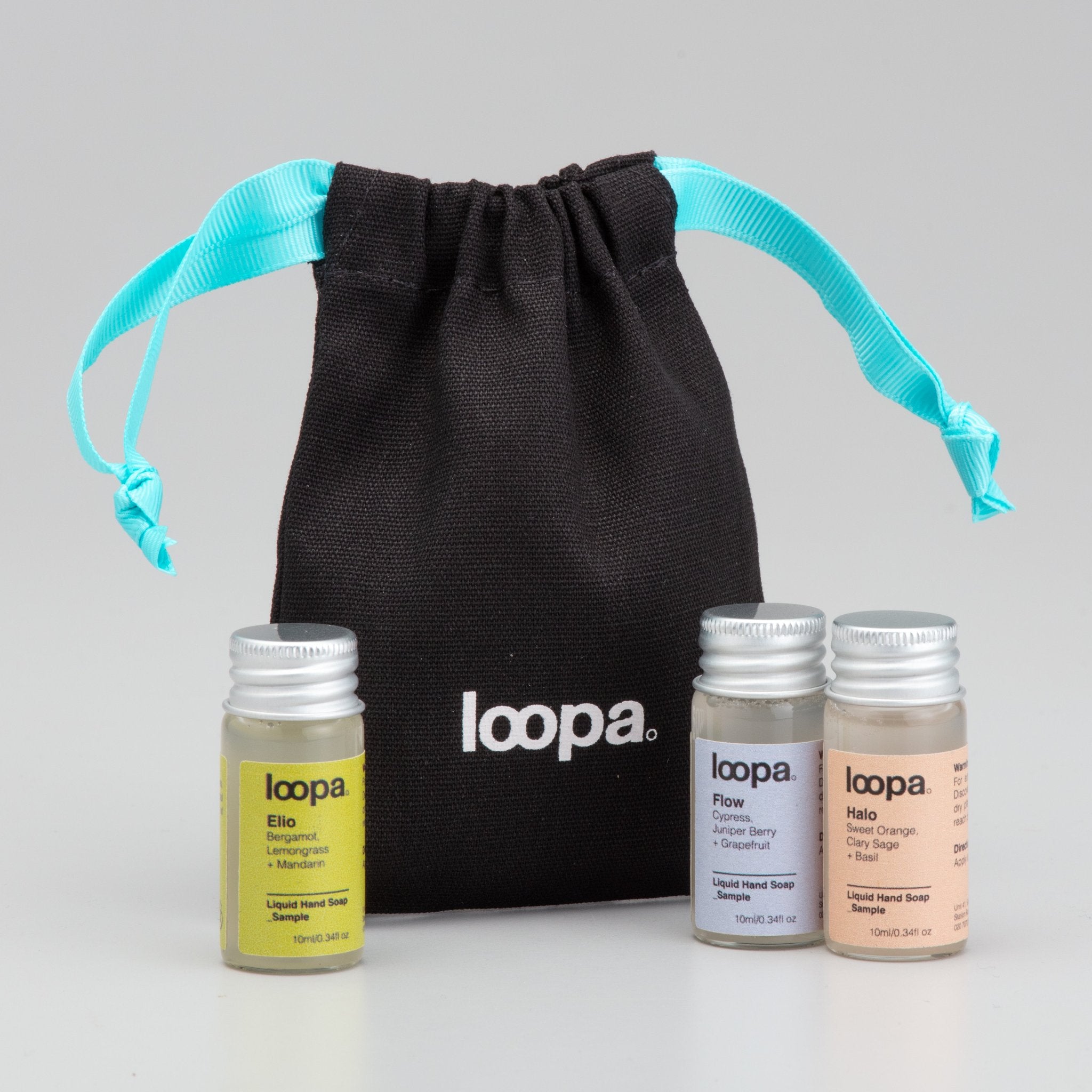 Black bag with three soap sample bottles