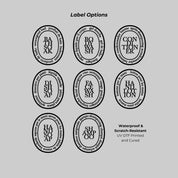 Black oval label options for refillable soap dispensers, including bath soak, body wash, conditioner, dish soap, face wash, hand lotion, hand soap and shampoo. Waterproof and scratch-resistant UV-DTF printed labels.