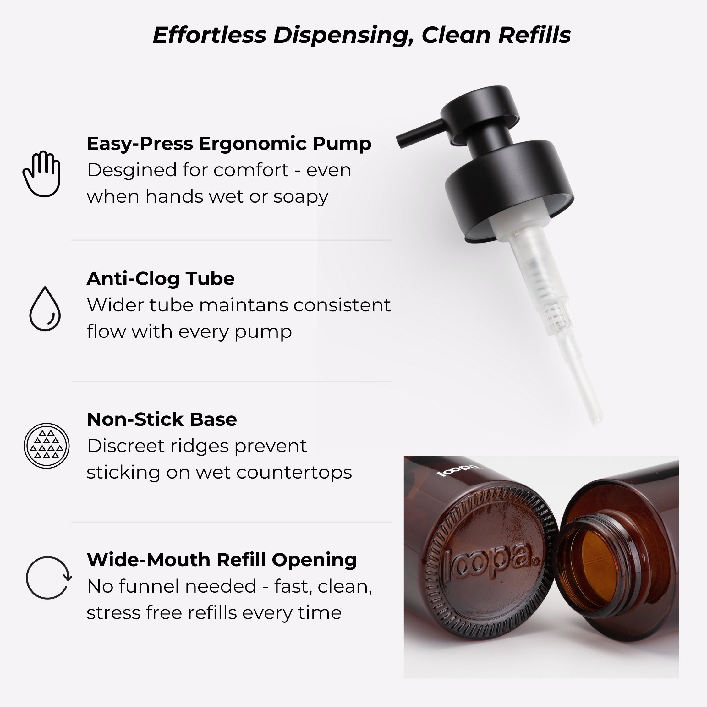 Design features of an amber glass bottle dispenser, highlighting the refillable form, protective tinted glass, and considered details for everyday home use
