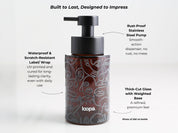 Amber glass round bottle dispenser with a black wrap featuring arrow artwork, shown as a 250ml refillable option for soap or lotion