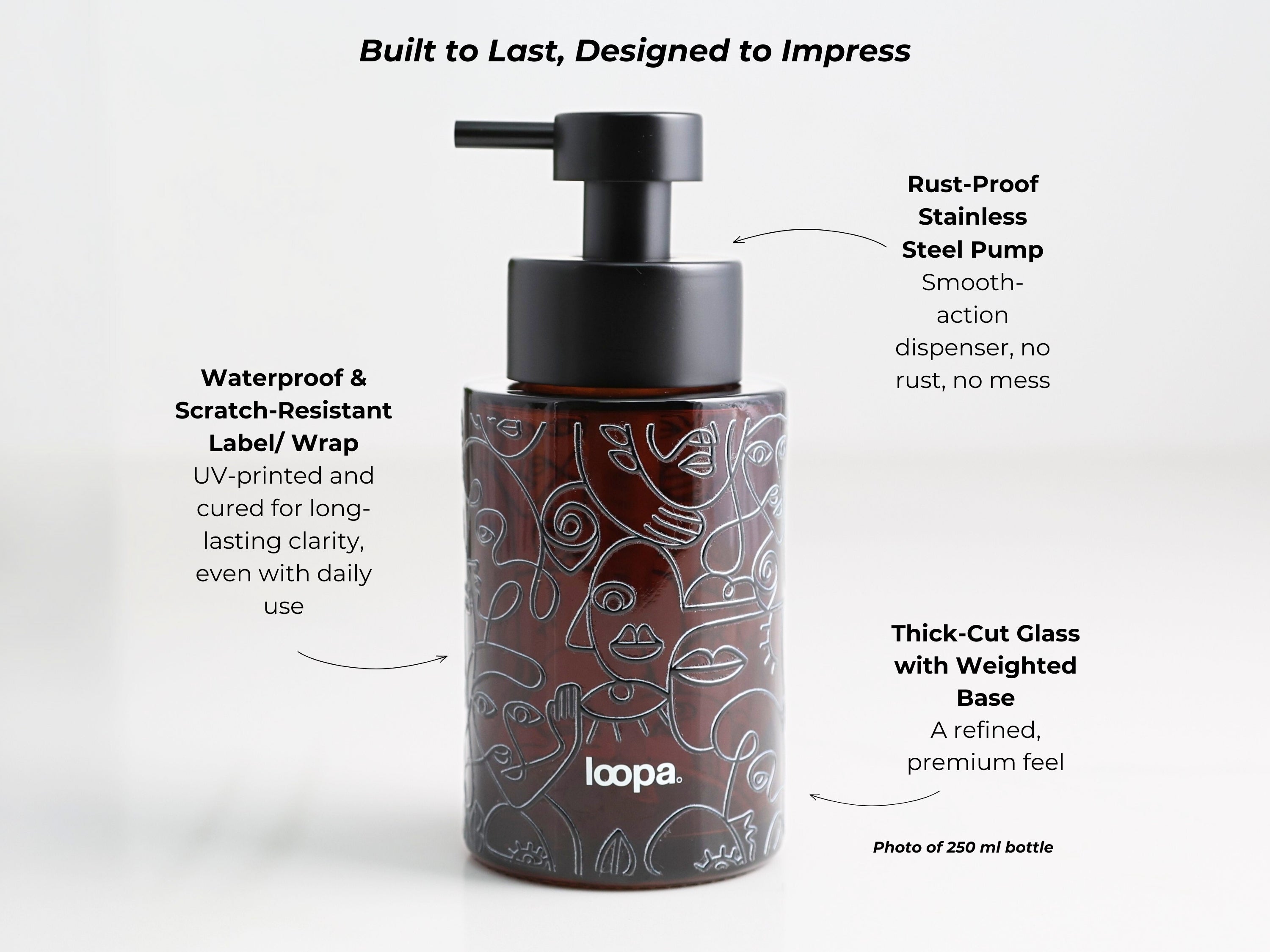 Amber glass round bottle dispenser with a black wrap featuring arrow artwork, shown as a 250ml refillable option for soap or lotion