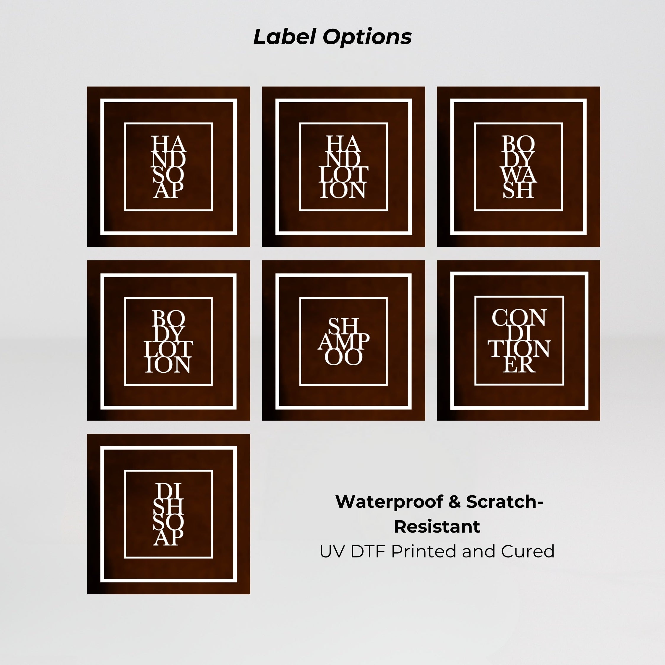 Amber glass round bottle dispenser displaying a selection of white square labels for organising refillable soap, lotion, shampoo, or conditioner