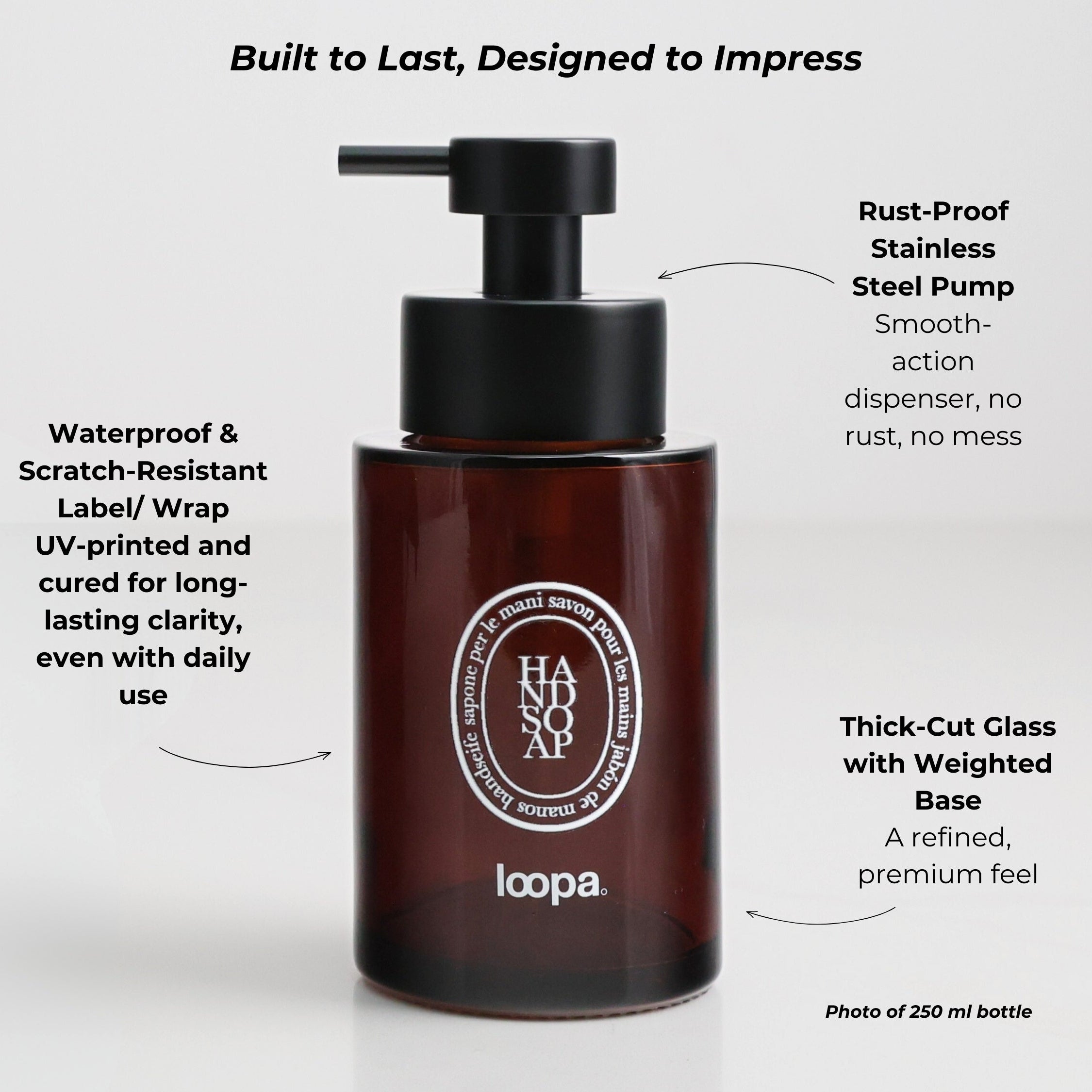 Amber glass round bottle dispenser with a white oval label and arrow detailing, shown as a refillable bottle suited to bathrooms, kitchens, or cloakroom spaces