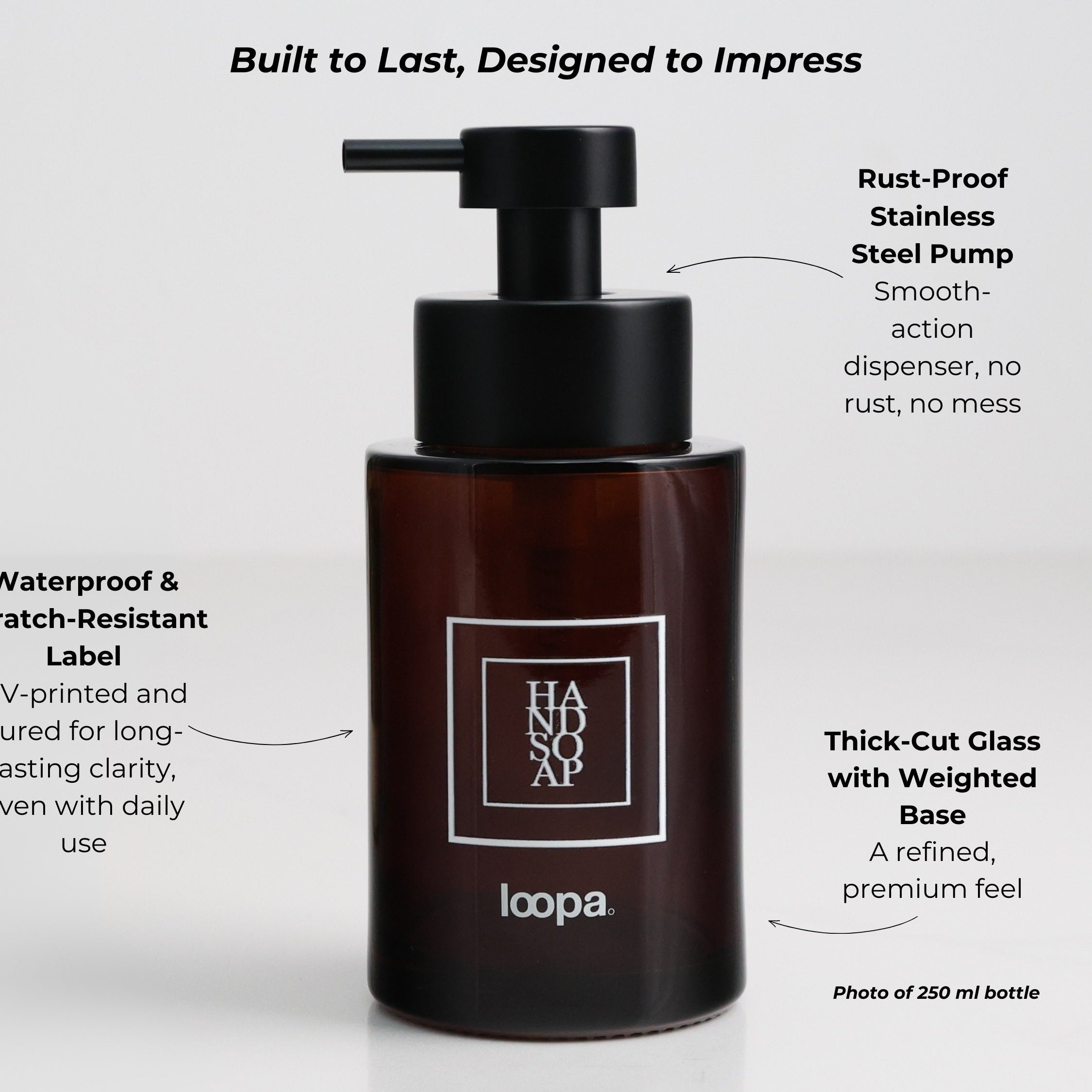 Amber glass round bottle dispenser with a white square label featuring arrow artwork, designed for refillable soap or lotion use