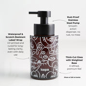 Amber glass round bottle dispenser with a white wrap featuring arrow details, shown as a 250ml refillable option for soap or lotion