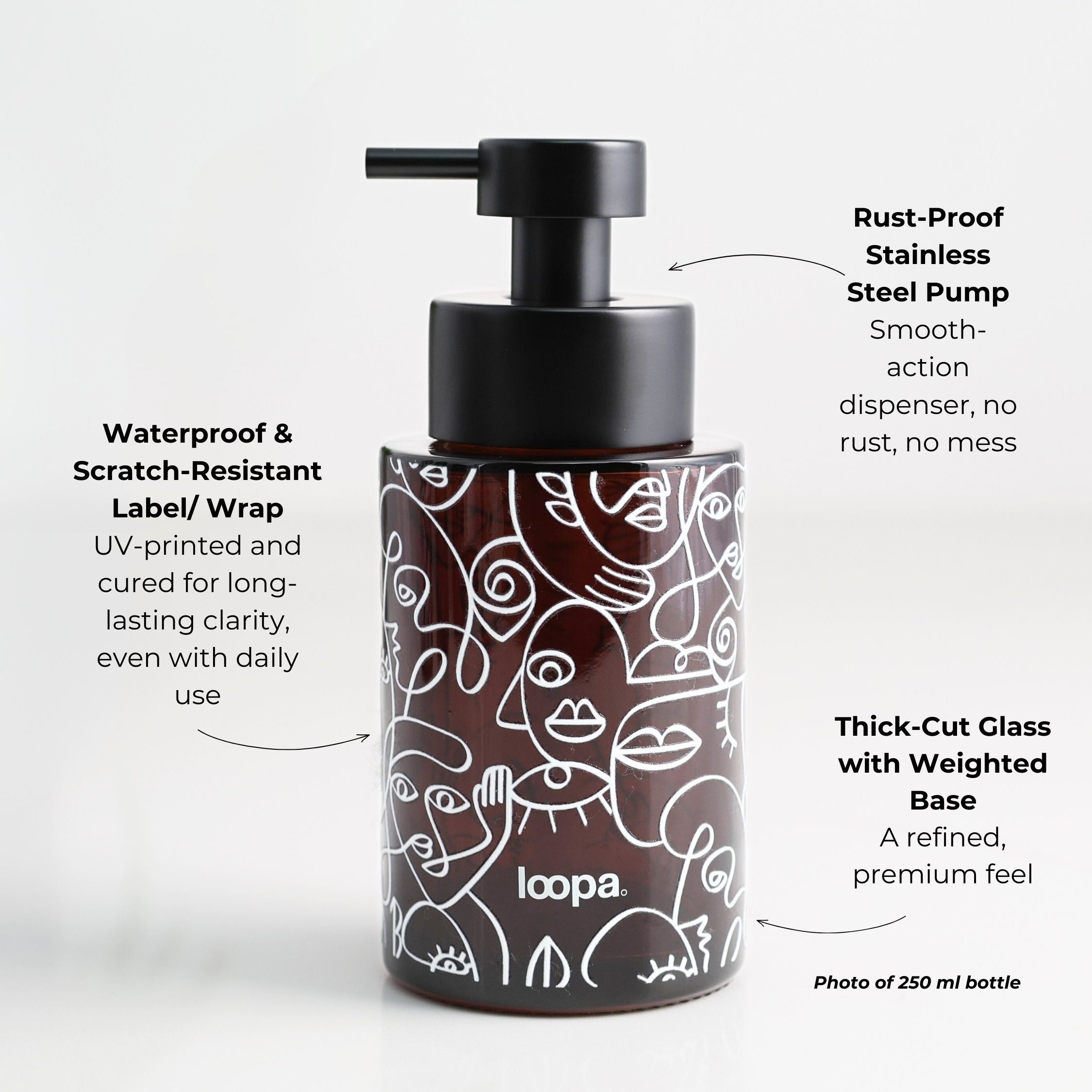 Amber glass round bottle dispenser with a white wrap featuring arrow details, shown as a 250ml refillable option for soap or lotion