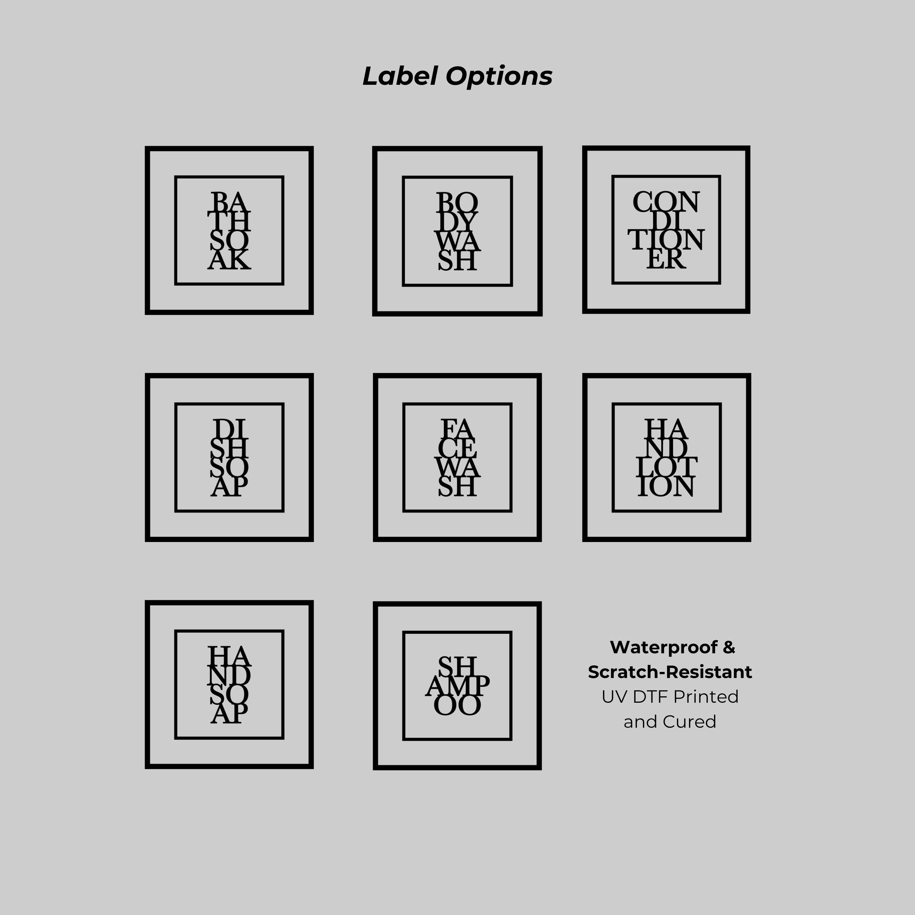 Black square UV DTF label options for refillable soap dispenser bottles, including bath soak, body wash, conditioner, dish soap, face wash, hand lotion, hand soap and shampoo designs.