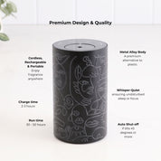 Loopa black waterless essential oil diffuser with abstract line art design and premium metal alloy body. Product features include cordless rechargeable operation, whisper-quiet fragrance diffusion, 2–3 hour charging time, 30–50 hours of battery runtime and automatic shut-off when tilted 45 degrees or more. Portable aromatherapy diffuser for bedrooms, bathrooms and living spaces.