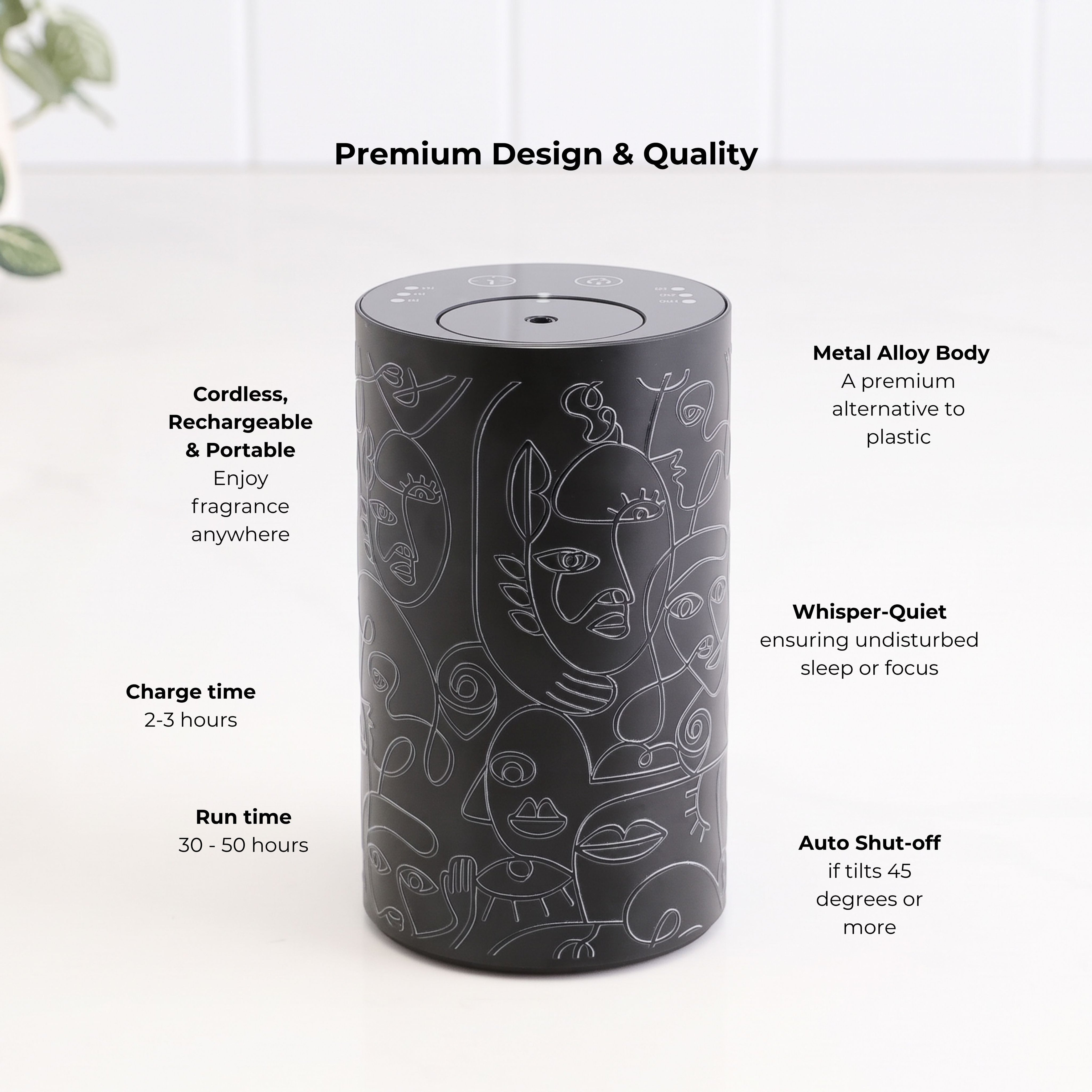 Loopa black waterless essential oil diffuser with abstract line art design and premium metal alloy body. Product features include cordless rechargeable operation, whisper-quiet fragrance diffusion, 2–3 hour charging time, 30–50 hours of battery runtime and automatic shut-off when tilted 45 degrees or more. Portable aromatherapy diffuser for bedrooms, bathrooms and living spaces.