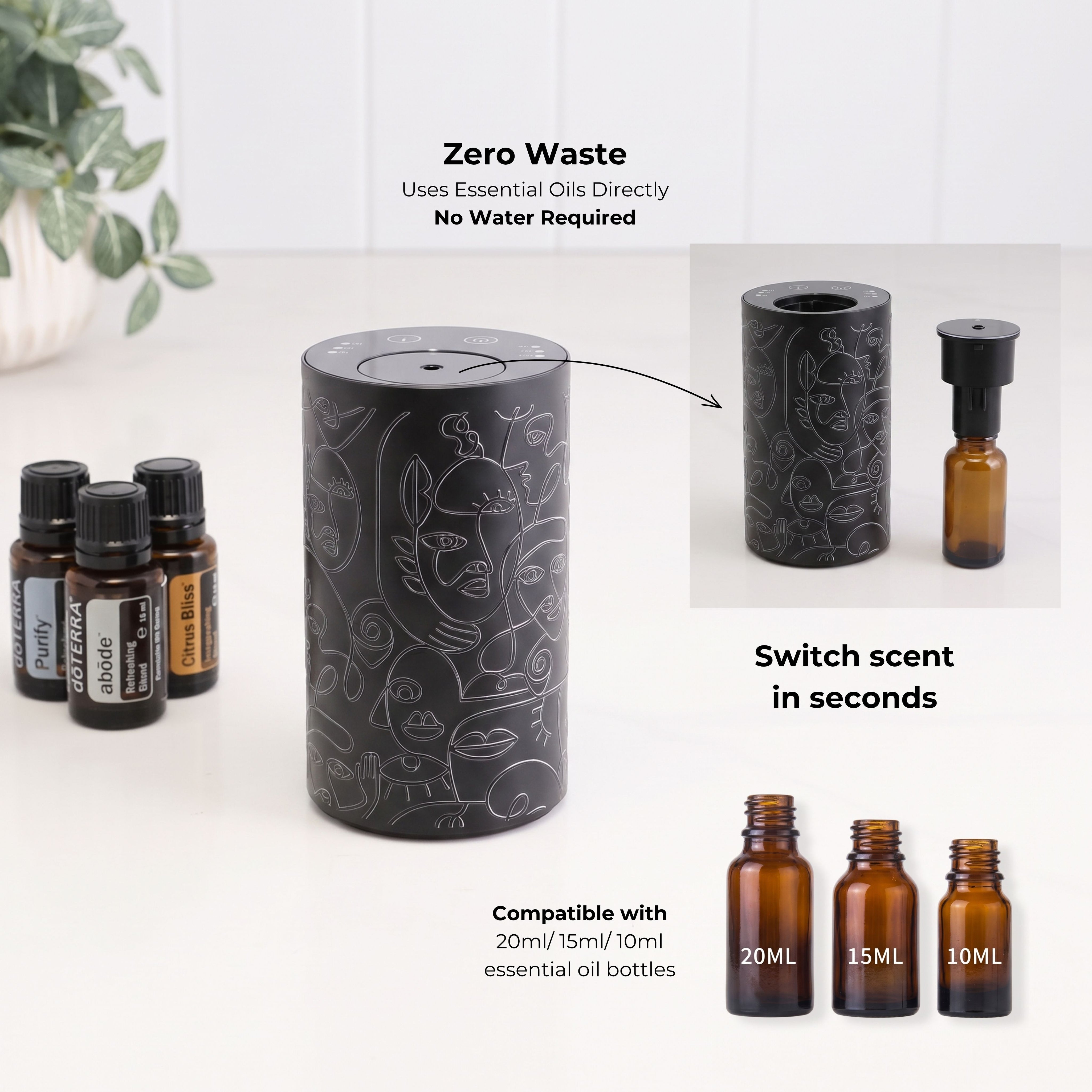 Loopa black cordless waterless essential oil diffuser with grey abstract face design, showing how essential oil bottles fit directly inside without adding water. Illustrated guide highlights easy fragrance changes and compatibility with 10ml, 15ml and 20ml essential oil bottles.