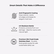 Close-up details of a brushed stainless steel bottle dispenser, highlighting the refined finish, durable pump, and refillable design for modern home use