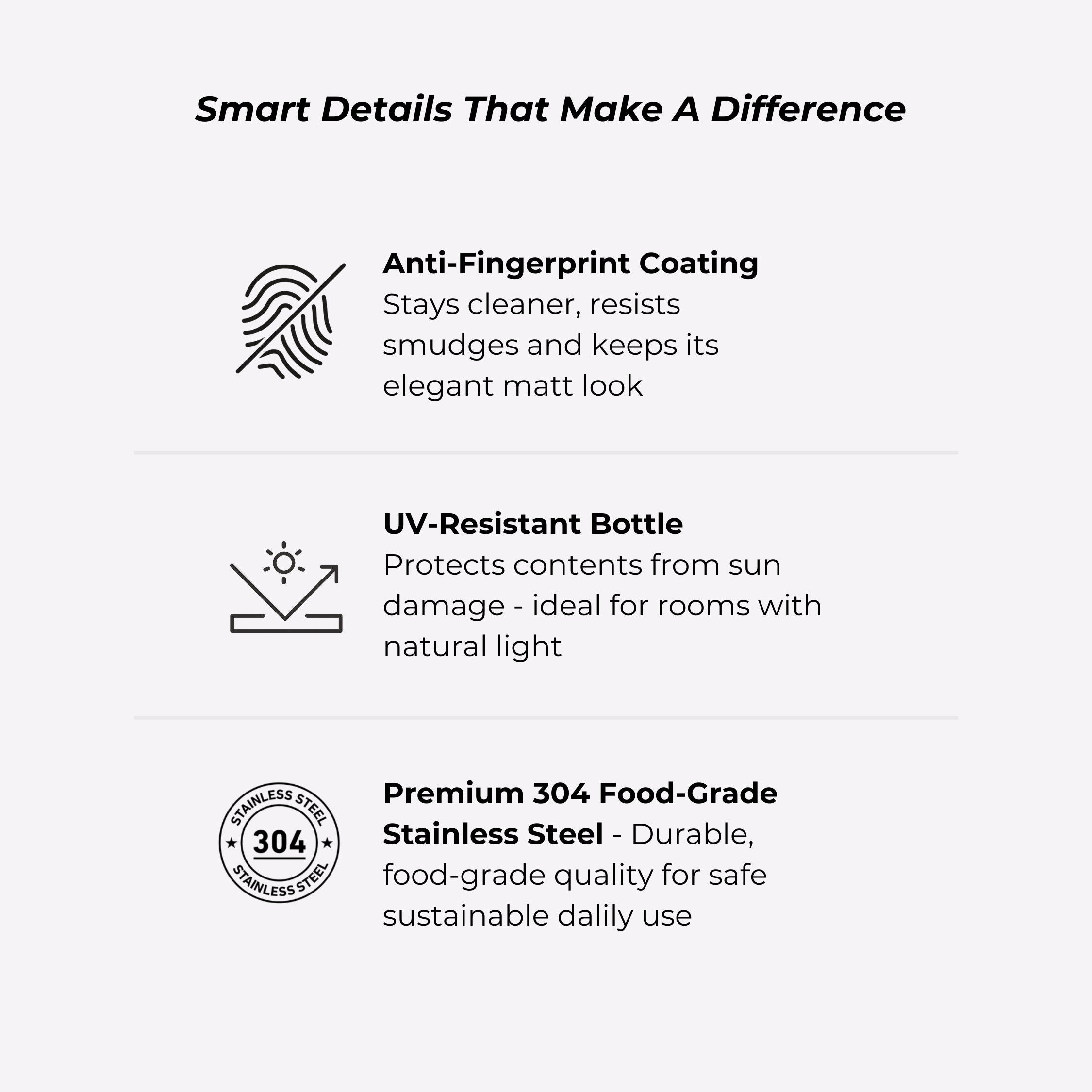 Close-up details of a brushed stainless steel bottle dispenser, highlighting the refined finish, durable pump, and refillable design for modern home use
