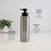 500ml brushed 304 stainless steel conditioner dispenser with white oval UV-DTF label and satin black liquid pump, highlighting its brushed finish, waterproof scratch-resistant label and stainless steel pump.