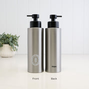 Front and back view of a 500ml brushed 304 stainless steel dish soap dispenser with white oval label, satin black liquid pump and Loopa branding on the reverse.