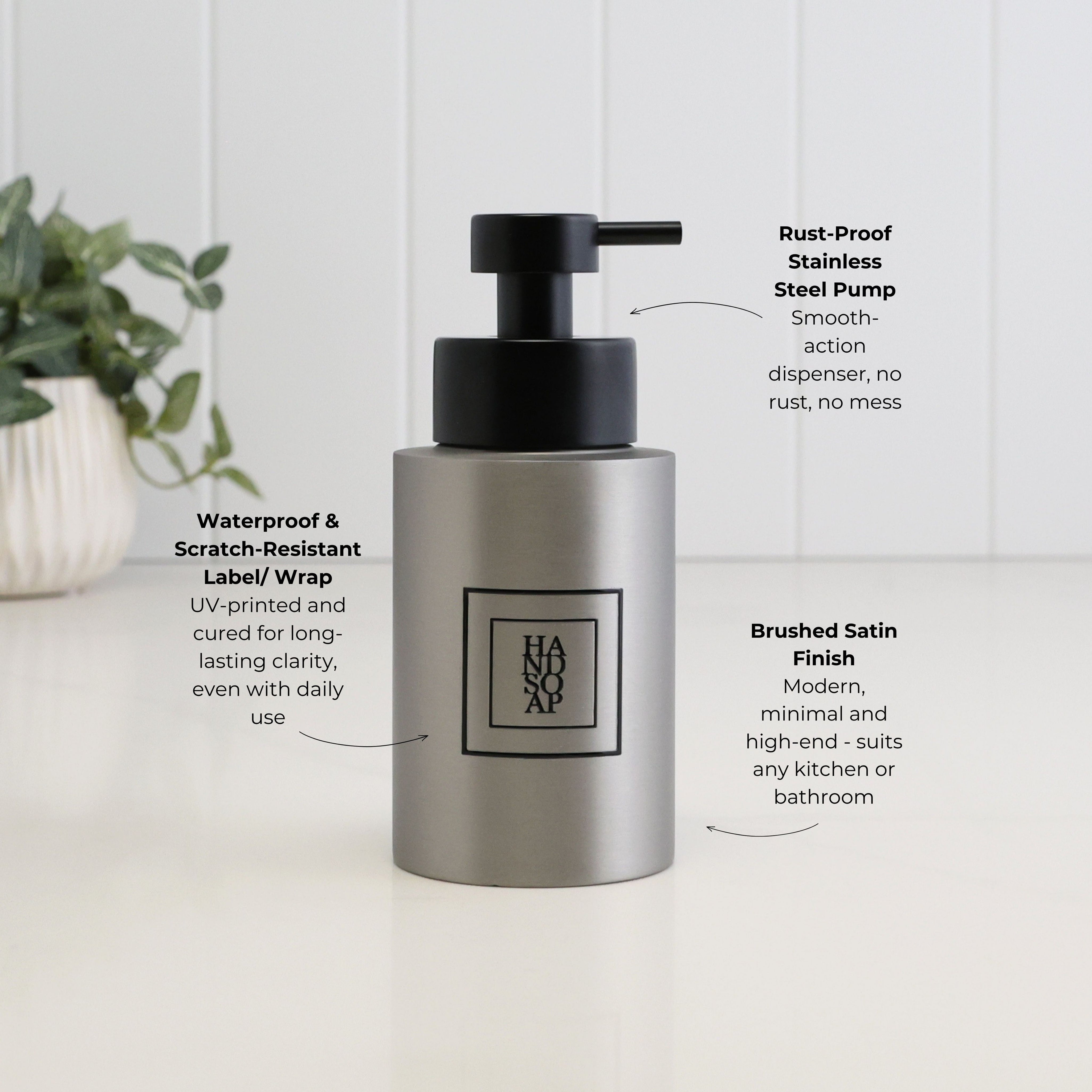 250ml brushed 304 stainless steel hand soap dispenser with black square label and satin black liquid pump, highlighting the brushed finish, waterproof scratch-resistant UV-DTF label and stainless steel pump.