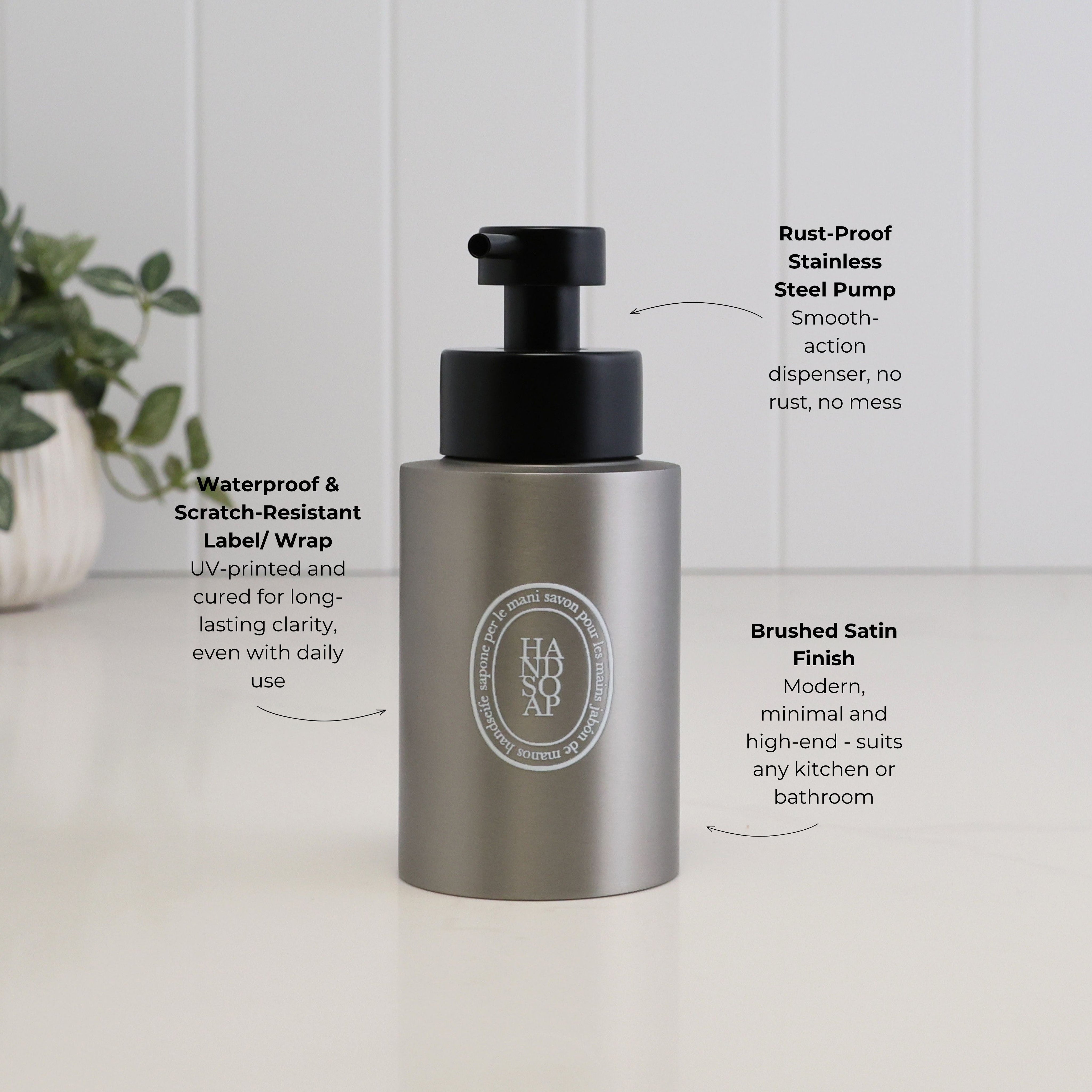 wrap, rust-proof stainless steel pump, and brushed satin finish.