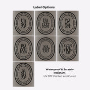 Brushed stainless steel round bottle dispenser showing black oval label options for organising refillable bottles across bathrooms, kitchens, cloakrooms, or WC spaces