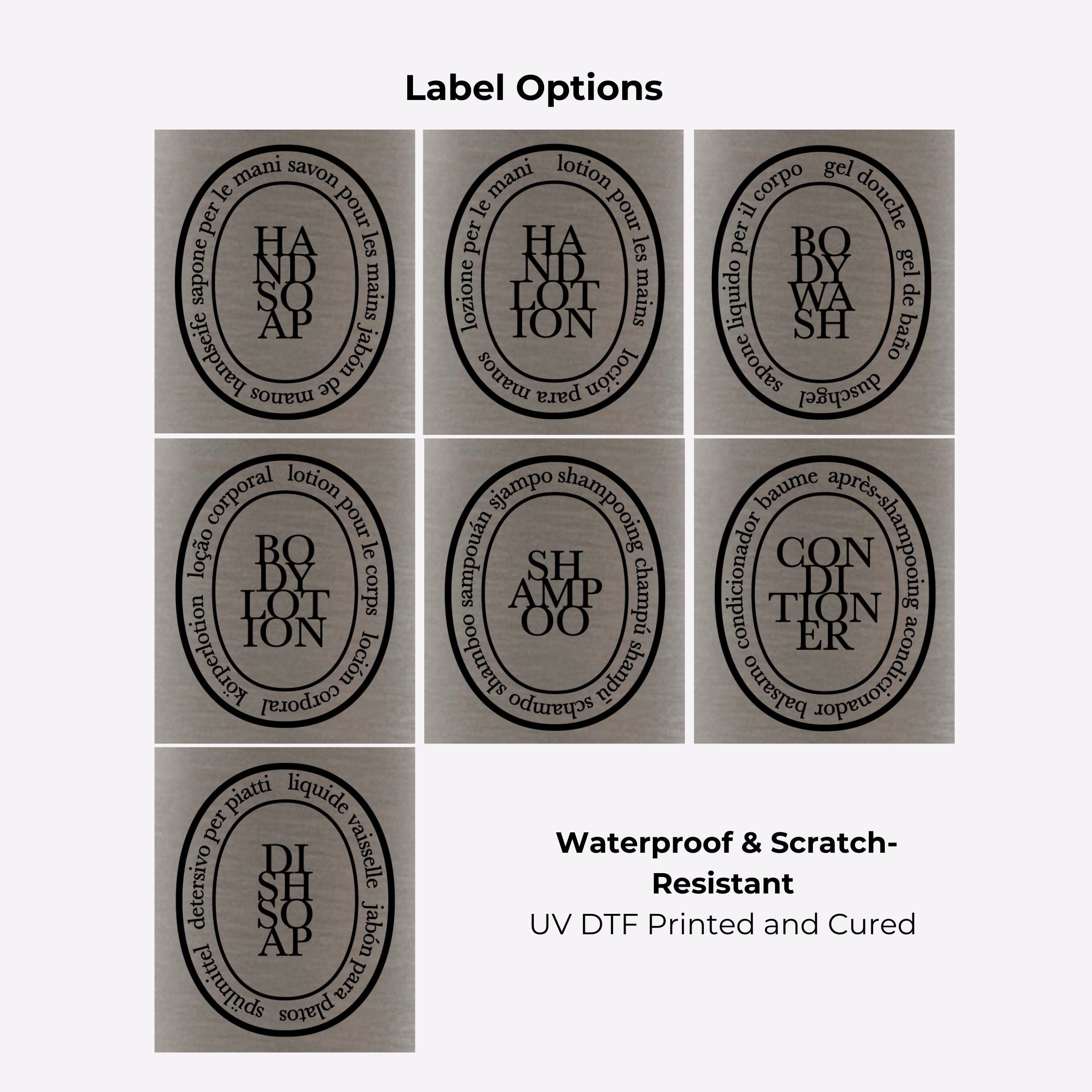 Brushed stainless steel round bottle dispenser showing black oval label options for organising refillable bottles across bathrooms, kitchens, cloakrooms, or WC spaces