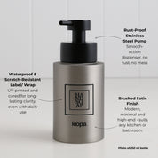 Brushed stainless steel round bottle dispenser with a black square label featuring arrow detailing, shown as a 250ml refillable bottle for kitchen, bathroom, or WC use