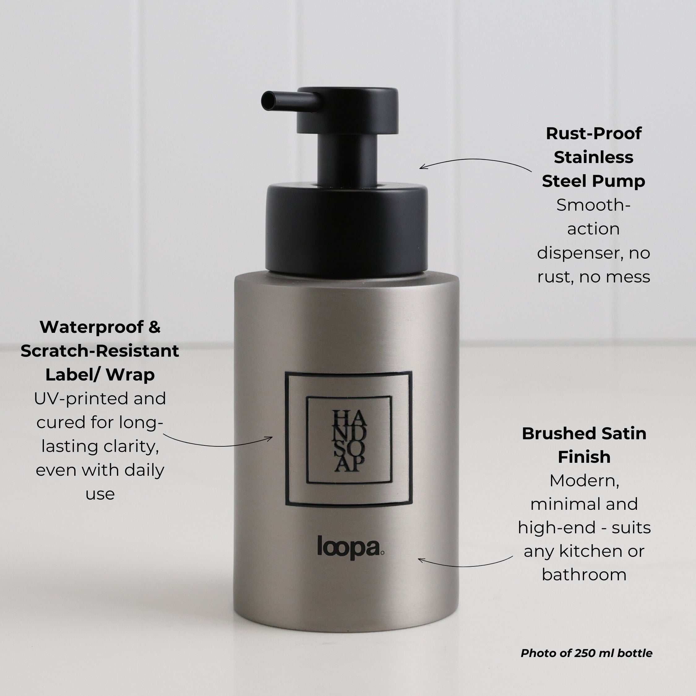 Brushed stainless steel round bottle dispenser with a black square label featuring arrow detailing, shown as a 250ml refillable bottle for kitchen, bathroom, or WC use